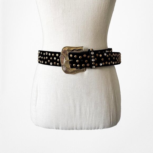Zara Black Suede Gold Hardware Rhinestone Western Cowboy Inspired Belt - Picture 2 of 4